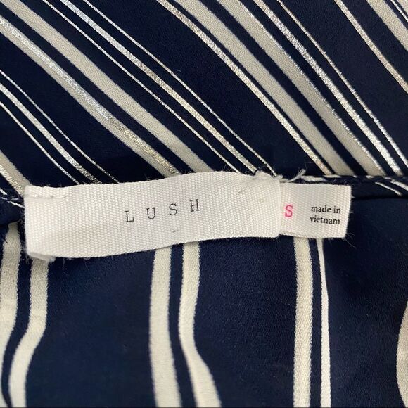 LUSH Blouse Womens Small Navy Blue Metallic Silver Striped Open Back Top - Picture 4 of 5